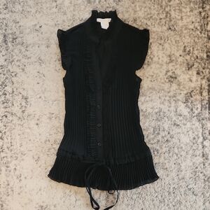 Charlotte Russe Black Pleated Ruffle Button-Front Tie-Hem Blouse